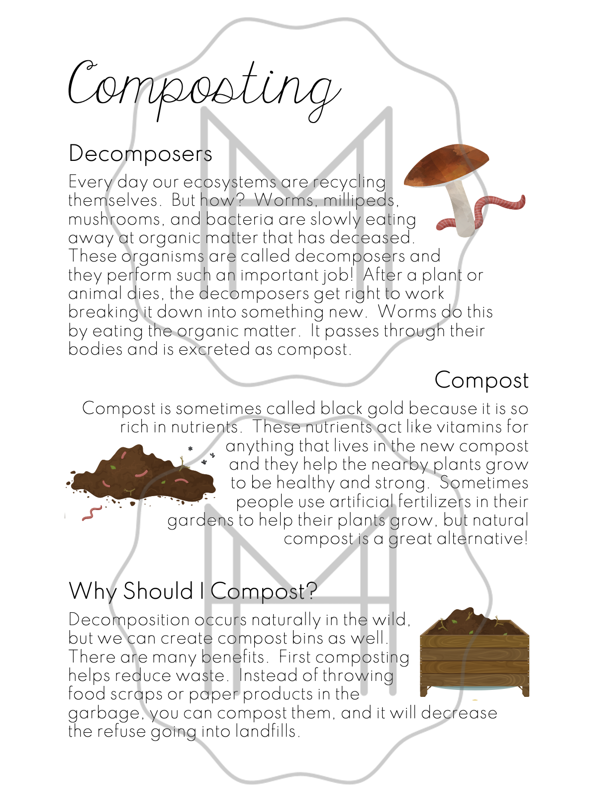 Composting Informational Pack: Reading Passage, Sequence Sorts, and 3-Part Cards