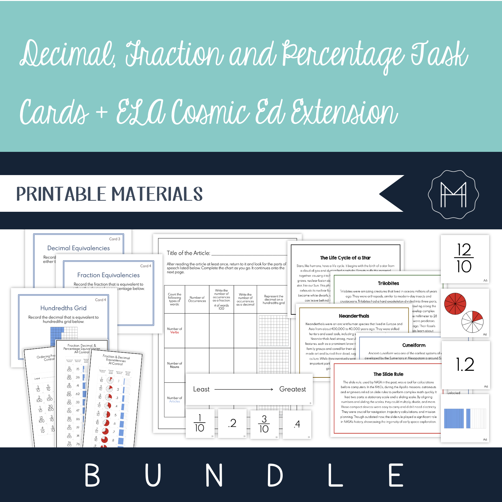 Ela Fraction Math Problems Decimal, Fraction and Percentage Task Cards + ELA Cosmic Ed. Extension ...
