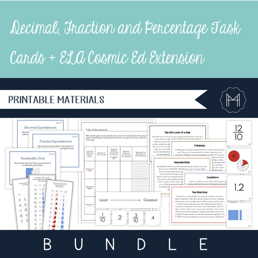Decimal, Fraction and Percentage Task Cards + ELA Cosmic Ed. Extension Bundle