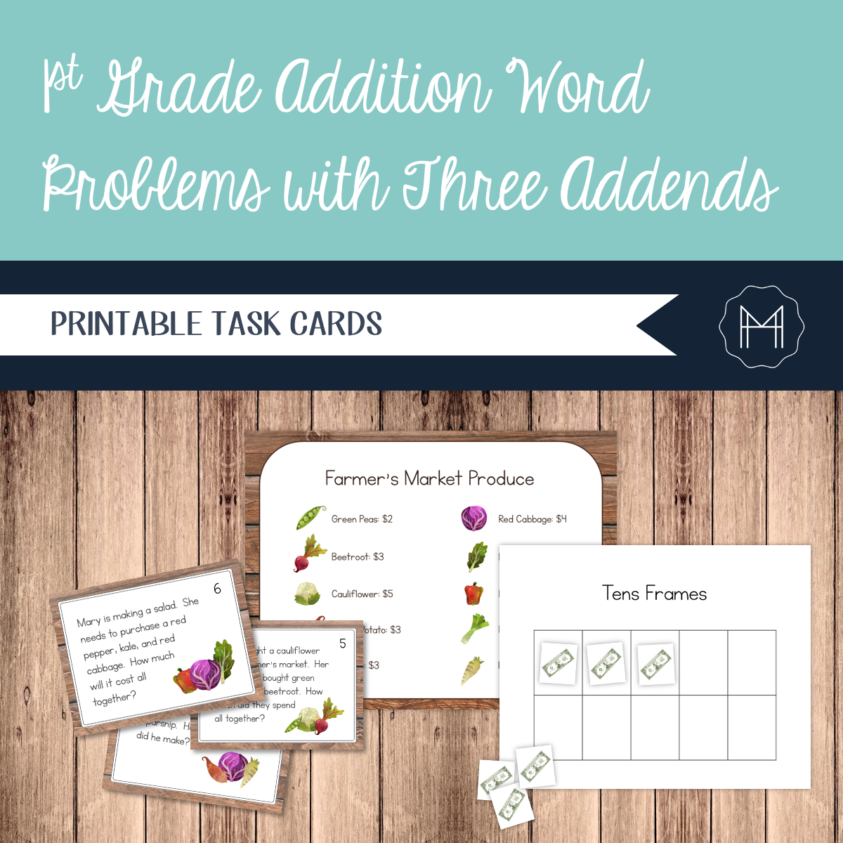 Farmer’s Market 1st Grade Addition Word Problem Task Cards- 3 Addends