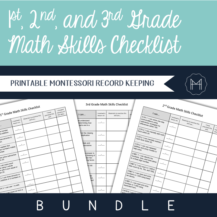 BUNDLE! 1st-3rd Grade Math Skills Checklist- Montessori Record Keeping