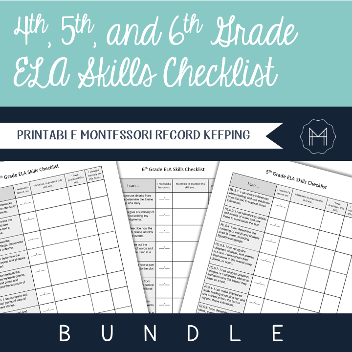 BUNDLE! 4th-6th Grade ELA Skills Checklist- Montessori Record Keeping