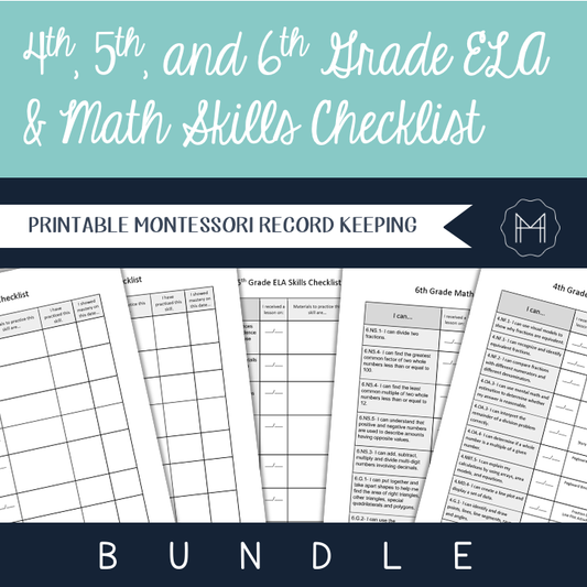 BUNDLE! 4th-6th Grade ELA and Math Skills Checklist- Montessori Record Keeping