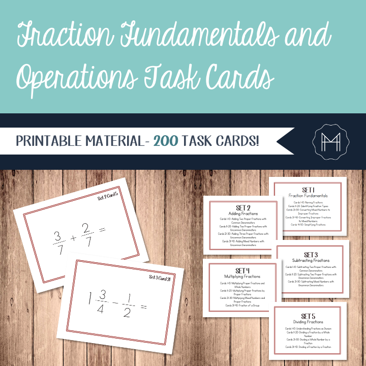 Montessori Style Fraction Fundamentals and Operations Task Cards - 200 CARDS!