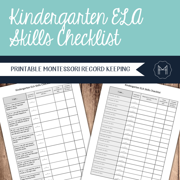Kindergarten ELA Skills Checklist- Montessori Record Keeping