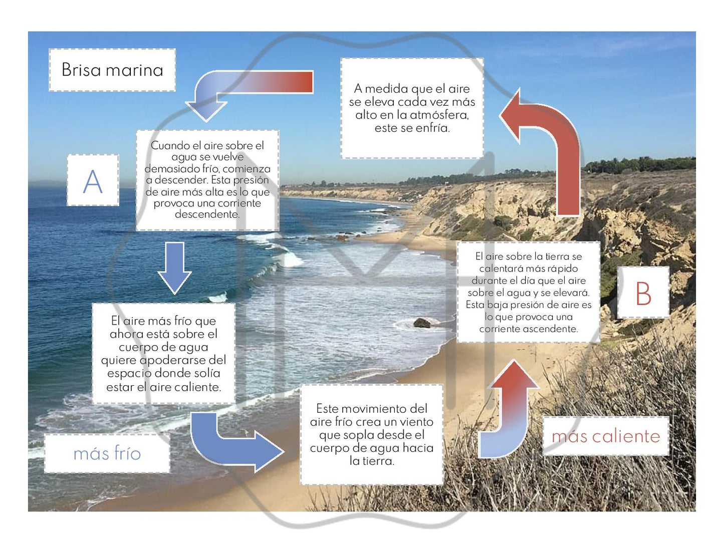 Español - Esquema de brisas marinas y terrestres, lectura, y experimentos