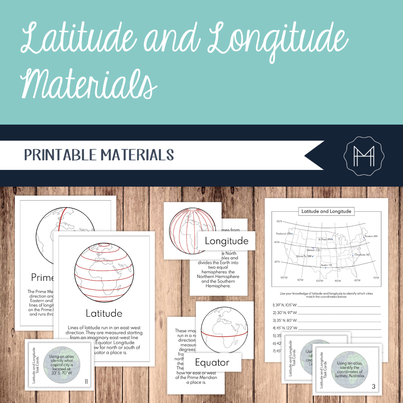 Latitude and Longitude 3-Part Cards