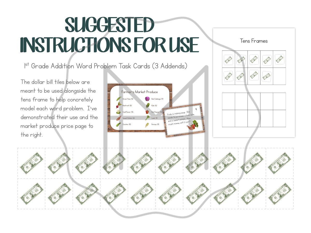 Farmer’s Market 1st Grade Addition Word Problem Task Cards- 3 Addends