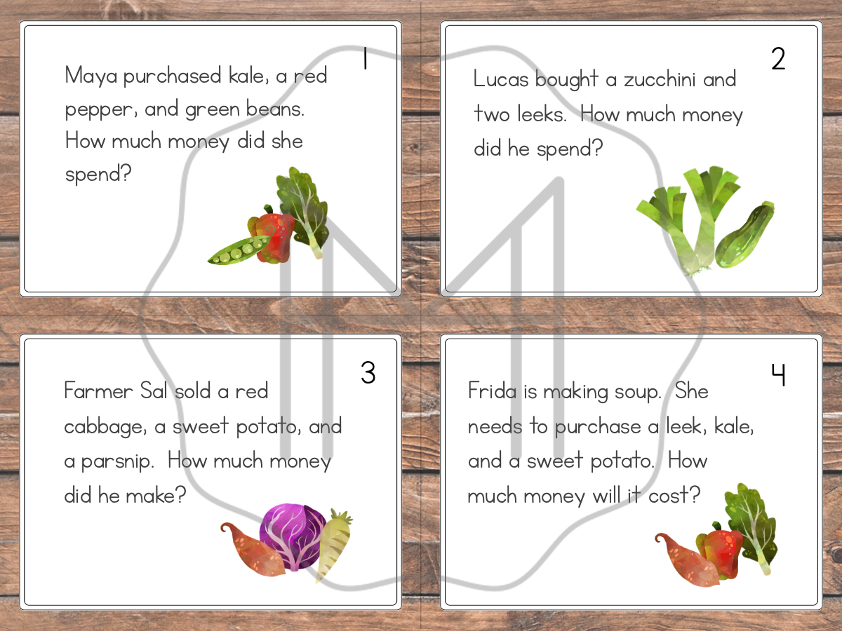 Farmer’s Market 1st Grade Addition Word Problem Task Cards- 3 Addends